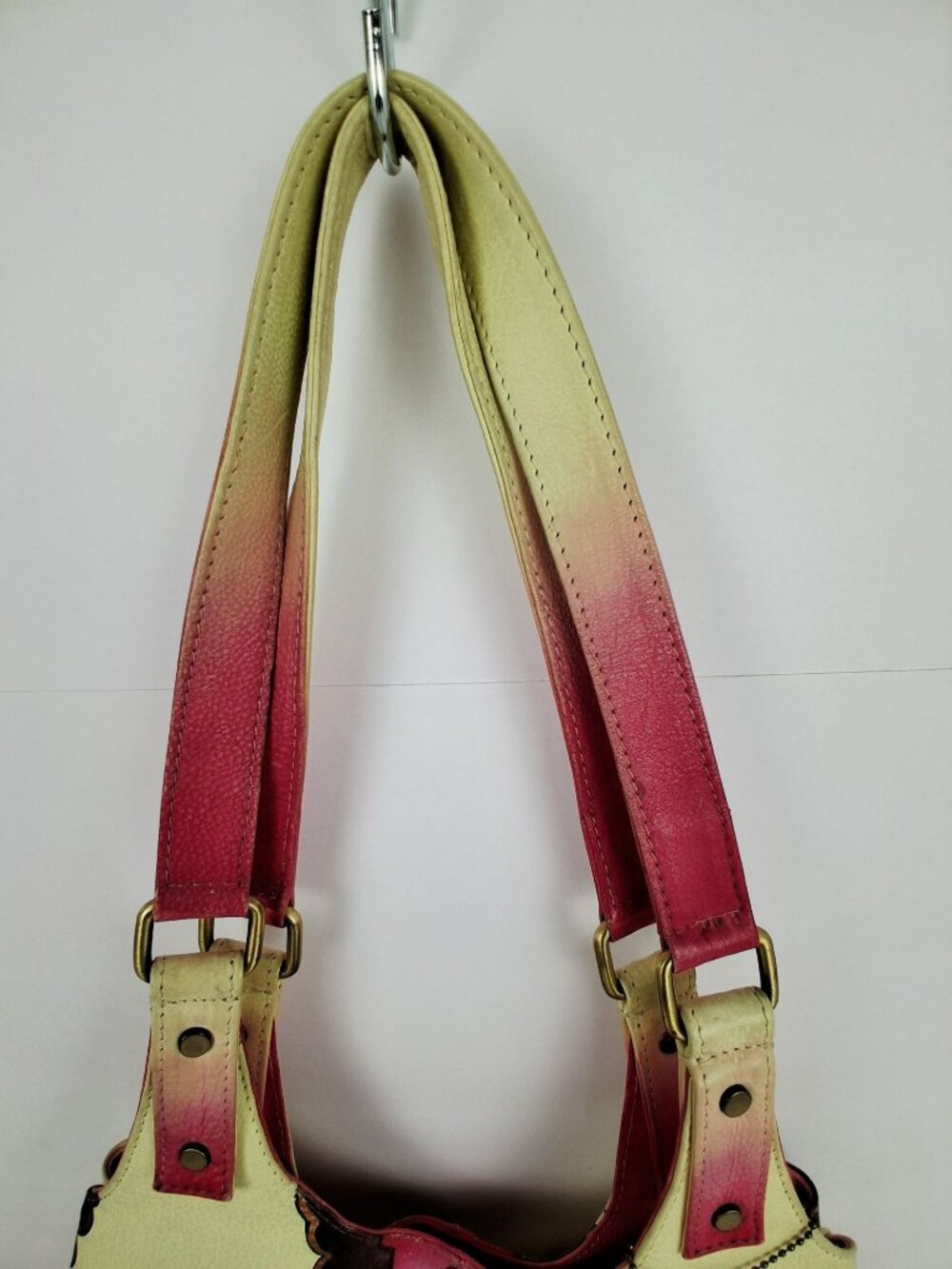 Retro 60s 70s Red Cream Floral Genuine Soft Leather Shoulder Bag Double Handle - Picture 5 of 16